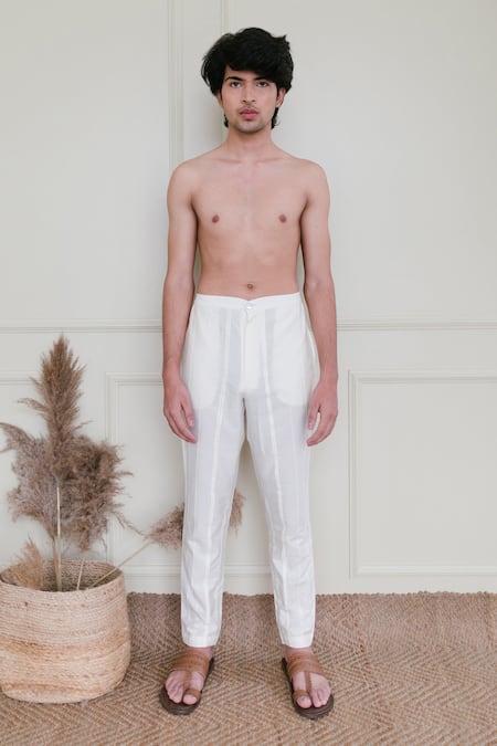 BOSS - Relaxed-fit trousers in herringbone linen and silk