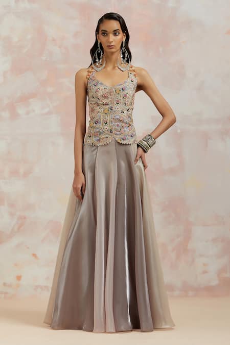 AUM by Asit and Ashima Grey Corset Silk And Skirt Organza Embroidery Thread Scoop And Set 