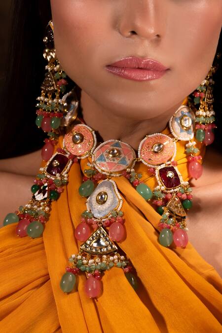 Shop Ishhaara Gold Plated Pearls, Metallic Thread, Diamonds Hand Painted Choker Set Online at Aza Fashions Shop_Ishhaara_Gold Plated Pearls, Metallic Thread, Diamonds Hand Painted Choker Set _Online_at_Aza_Fashions