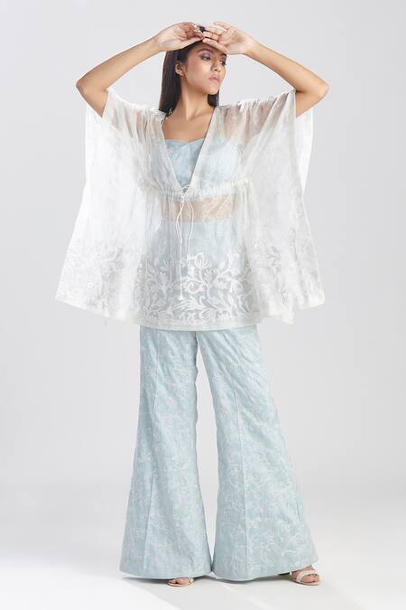 Megha Bansal_Blue Silk Organza Floral, Thread V Neck Aarish Embroidered Kaftan And Pant Set_Online_at_Aza_Fashions