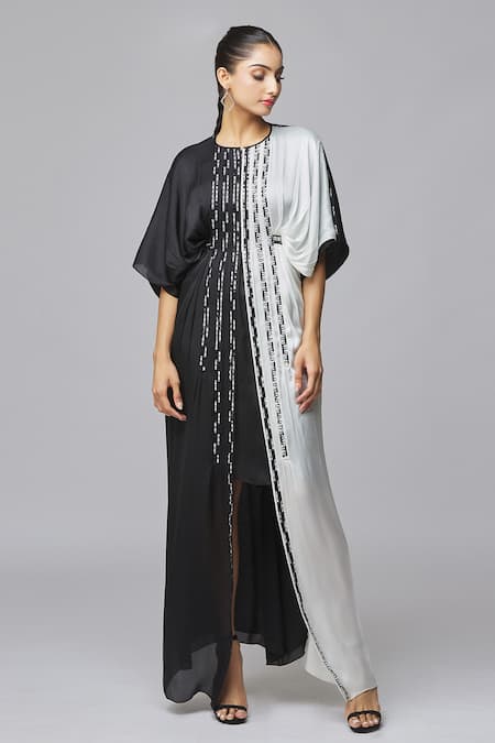 Shop_Amit Aggarwal_Black Chiffon Embroidery Round Neck Colorblock Dress_Online_at_Aza_Fashions