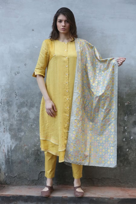 Buy_I Am Design_Yellow Satin Linen Kurta Set _Online_at_Aza_Fashions