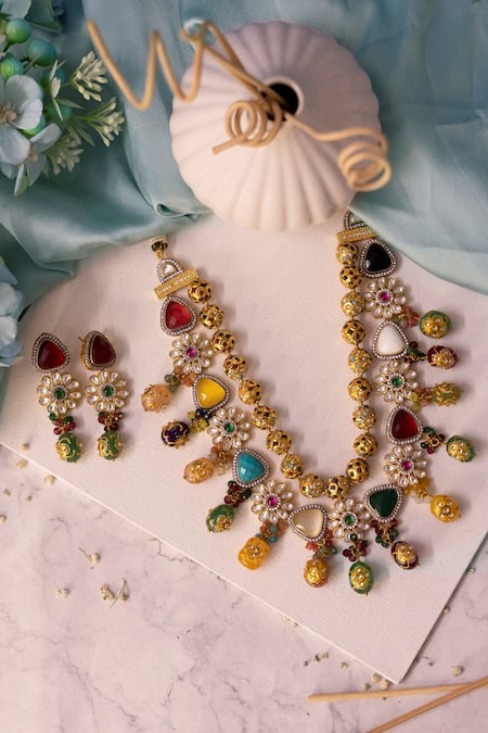 Ishhaara Gold Plated Stones, Beads Layered Necklace Set Online at Aza Fashions Ishhaara_Gold Plated Stones, Beads Layered Necklace Set _Online_at_Aza_Fashions