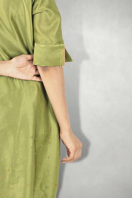 Buy_I Am Design_Blue Satin Linen Embroidered Kurta Set _Online_at_Aza_Fashions