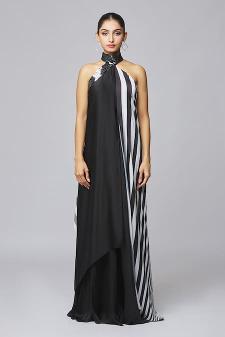 Amit Aggarwal_Black Chiffon Buckles High Neck Draped Sleeveless Dress _at_Aza_Fashions