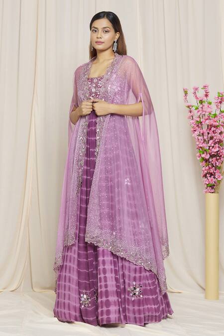 Yoshita Couture Purple Anarkali - Georgette With Shantoon Lining, Cape- Organza Liana Tie Dye at Aza Fashions Yoshita Couture_Purple Anarkali - Georgette With Shantoon Lining, Cape- Organza Liana Tie Dye _at_Aza_Fashions