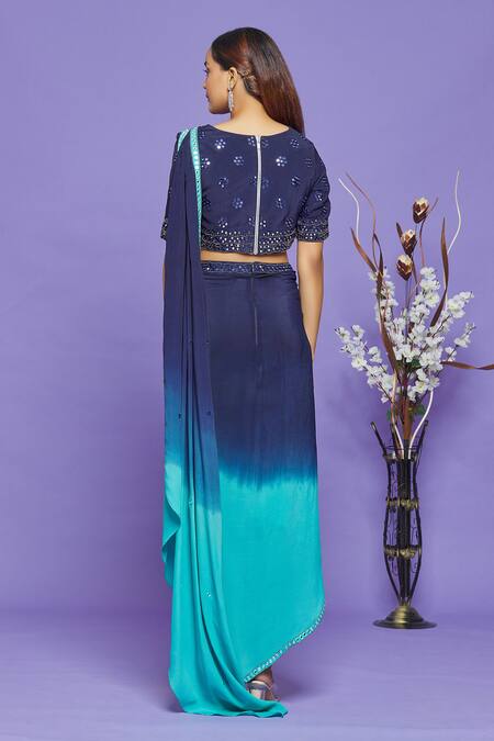 Shop_Neha Mehta Couture_Blue Pure Crepe Beads And Cutdana, Mirror Embroidered Blouse & Dhoti Skirt Set _at_Aza_Fashions