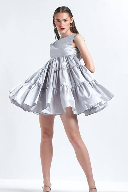 Shop Therealb Grey Silk Sequin Work Round Ambrosia Tiered Mini Dress at Aza Fashions Shop_Therealb_Grey Silk Sequin Work Round Ambrosia Tiered Mini Dress_at_Aza_Fashions