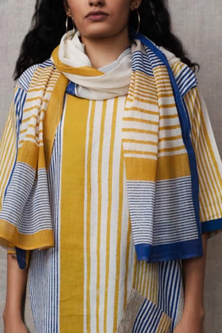 Buy Banana Labs Blue Cotton Stripe Round Printed Straight Kurta Set With Stole Online at Aza Fashions Buy_Banana Labs_Blue Cotton Stripe Round Printed Straight Kurta Set With Stole_Online_at_Aza_Fashions