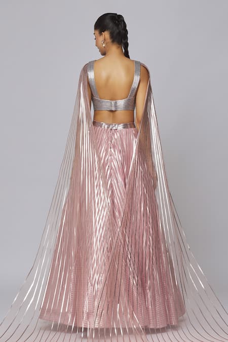 Shop Amit Aggarwal Pink Tulle Metallic Thread V-neck Striped Lehenga Set at Aza Fashions Shop_Amit Aggarwal_Pink Tulle Metallic Thread V-neck Striped Lehenga Set_at_Aza_Fashions