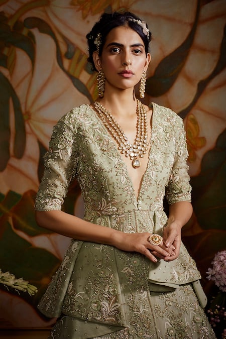 Shop Sahil Kochhar Green Silk Organza Embroidery, Zari Plunge Firdaus Flower Lehenga With Blouse at Aza Fashions Shop_Sahil Kochhar_Green Silk Organza Embroidery, Zari Plunge Firdaus Flower Lehenga With Blouse _at_Aza_Fashions