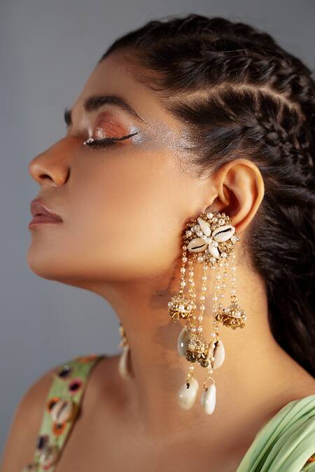 Kanyaadhan By Dhirajaayushi White Sequins, Beads, Diamonds Shell Drop Dangler Earrings 