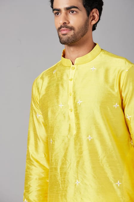 Buy_Hilo Design_Yellow Silk, Cotton, Lycra Embroidery Saanjh Kurta And Pant Set _Online_at_Aza_Fashions