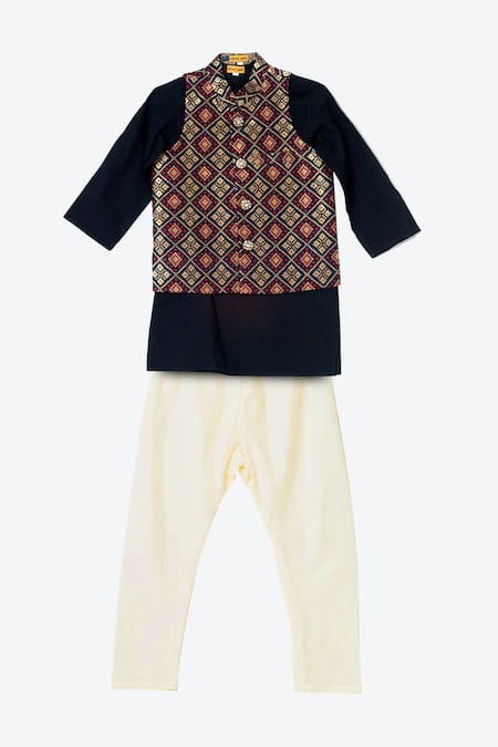 Shruti Jalan Black Kota Doria, Cotton, Brocade Embroidery Bandhani Woven Bundi And Kurta Set 