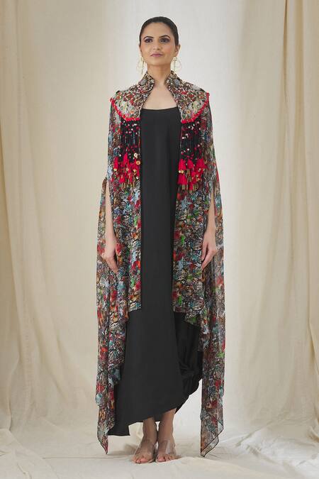 Anamika Khanna_Black Solid Dress With Printed Cape_Online_at_Aza_Fashions