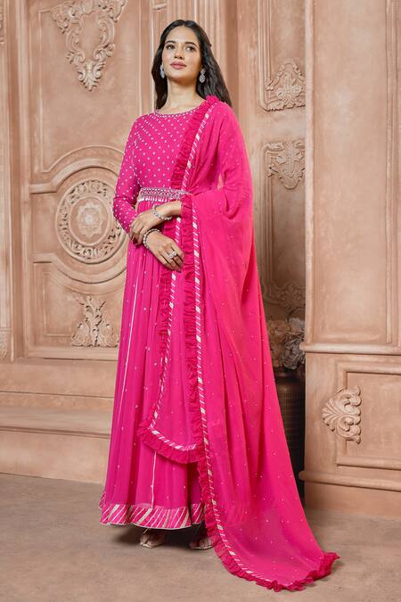 Buy_Aariyana Couture_Fuchsia Chiffon, Modal Beads Round Neck Embroidered Anarkali Set_Online_at_Aza_Fashions