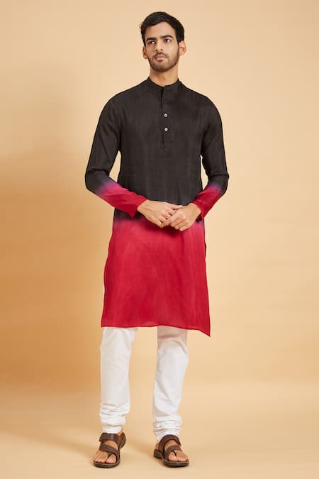 Hilo Design Black Falling Raw Silk And Cotton Lycra Ombre Kurta & Pant Set
