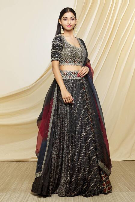 Prisha_Black Silk Embroidered Ajrakh Scoop Neck Print Lehenga Set _at_Aza_Fashions