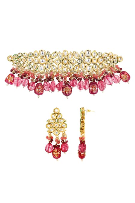 Buy_Ishhaara_Gold Plated Beads, Diamonds Kundan Embellished Choker Set _Online_at_Aza_Fashions