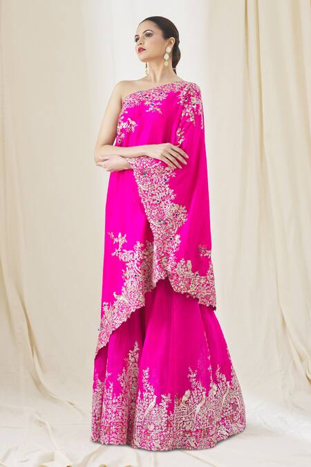 Buy_Anamika Khanna_Fuchsia Silk Embroidery Asymmetric One Shoulder Tunic And Sharara Set_Online_at_Aza_Fashions