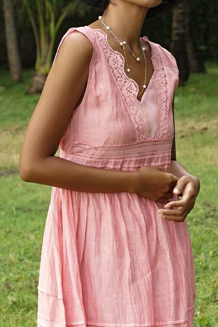 Baju_Pink 40% , 60% , Chanderi Lace Work V Rosa Layered Dress_Online_at_Aza_Fashions