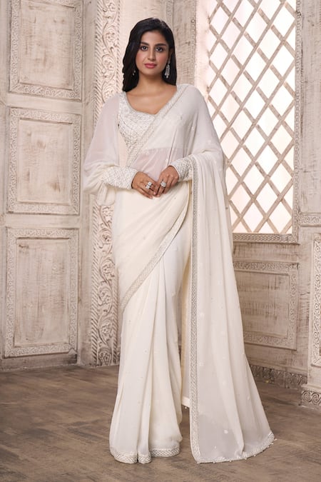 Aariyana Couture Off White Viscose, Georgette, Modal Border Saree With Bishop Sleeve Blouse Online at Aza Fashions Aariyana Couture_Off White Viscose, Georgette, Modal Border Saree With Bishop Sleeve Blouse_Online_at_Aza_Fashions
