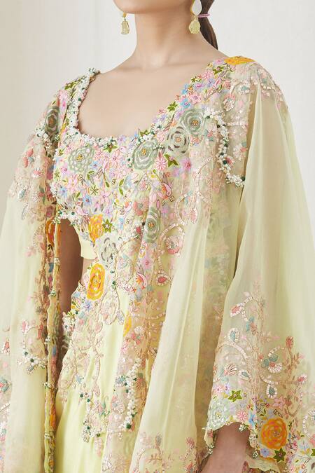 Anamika Khanna_Yellow Floral Embroidered Cape And Skirt Set_at_Aza_Fashions