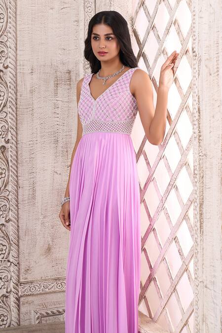 Buy_Aariyana Couture_Purple Viscose, Georgette Pearls, Cut Work Embroidered Bodice Pleated Jumpsuit