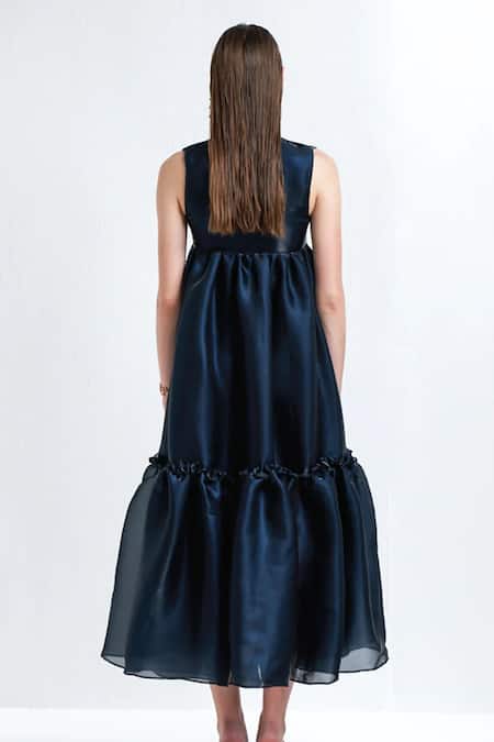 Shop Therealb Black Polyester Plain Plunge V Neck Trinity Tiered Dress at Aza Fashions Shop_Therealb_Black Polyester Plain Plunge V Neck Trinity Tiered Dress _at_Aza_Fashions