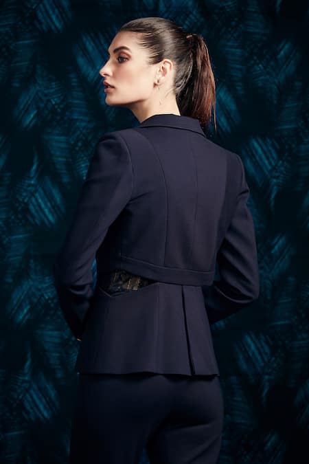 Buy Mandira Wirk - Indian Black Scuba, Chantility Floral Blazer Lapel, Bodysuit Embroidered Pant Set Online at Aza Fashions Buy_Mandira Wirk - Indian_Black Scuba, Chantility Floral Blazer Lapel, Bodysuit Embroidered Pant Set_Online_at_Aza_Fashions