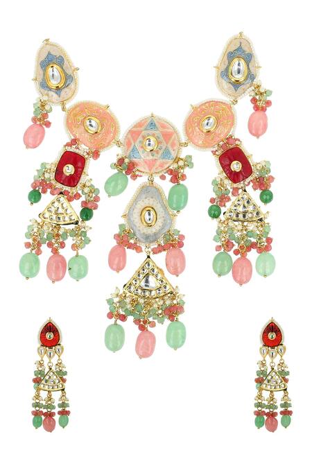 Ishhaara Gold Plated Pearls, Metallic Thread, Diamonds Hand Painted Choker Set Online at Aza Fashions Ishhaara_Gold Plated Pearls, Metallic Thread, Diamonds Hand Painted Choker Set _Online_at_Aza_Fashions