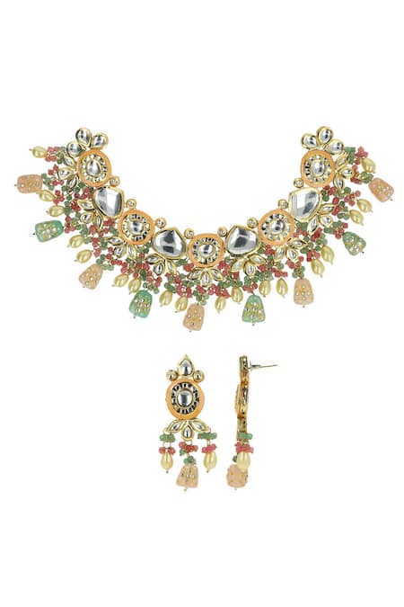 Ishhaara Gold Plated Beads, Diamonds Emerald Drop Choker Set Online at Aza Fashions Ishhaara_Gold Plated Beads, Diamonds Emerald Drop Choker Set _Online_at_Aza_Fashions