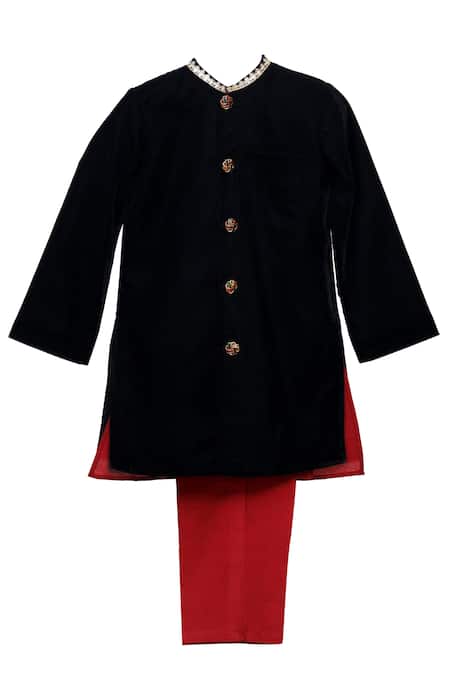 MINIME ORGANICS Black Cotton Silk Embellishment Floral Collar Sherwani Set 