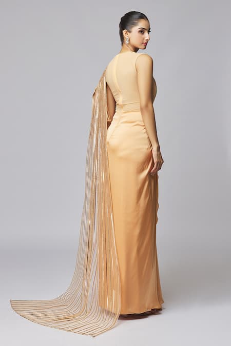 Shop Amit Aggarwal Gold Chiffon Metallic Thread Round Neck Striped Ruffle Gown at Aza Fashions Shop_Amit Aggarwal_Gold Chiffon Metallic Thread Round Neck Striped Ruffle Gown _at_Aza_Fashions