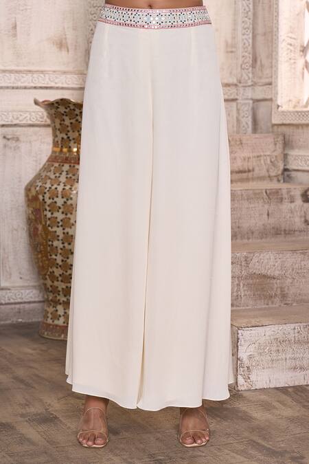 Buy Aariyana Couture Off White Viscose, Georgette Embroidery Front Slit Kurta And Flared Pant Set Buy_Aariyana Couture_Off White Viscose, Georgette Embroidery Front Slit Kurta And Flared Pant Set