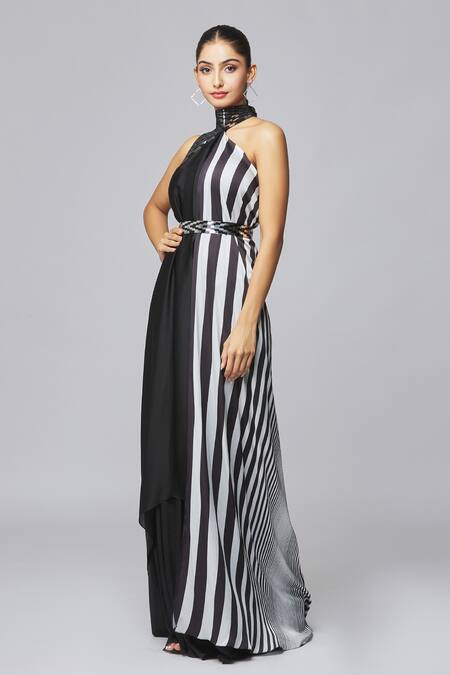 Shop_Amit Aggarwal_Black Chiffon Buckles High Neck Draped Sleeveless Dress _Online_at_Aza_Fashions