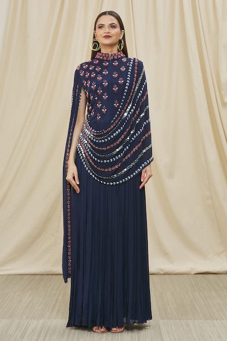 Buy_Two Sisters By Gyans_Blue Chiffon Mirror, Bead And Cut Dana Work High Neck Embroidered Draped Gown _Online_at_Aza_Fashions