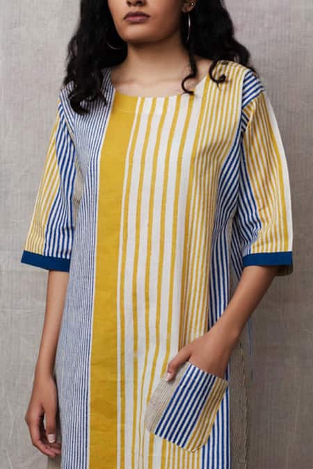 Banana Labs Blue Cotton Stripe Round Printed Straight Kurta Set With Stole Online at Aza Fashions Banana Labs_Blue Cotton Stripe Round Printed Straight Kurta Set With Stole_Online_at_Aza_Fashions