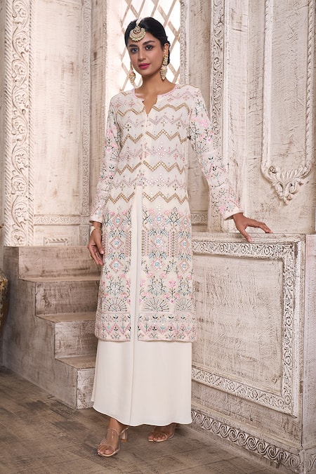 Aariyana Couture Off White Kurta Viscose Georgette Front Slit And Flared Pant Set 