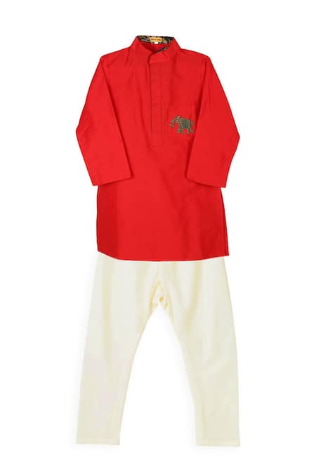 Shruti Jalan Red Cotton, Silk Zari Zardozi Embroidered Elephant Motif Kurta Set 