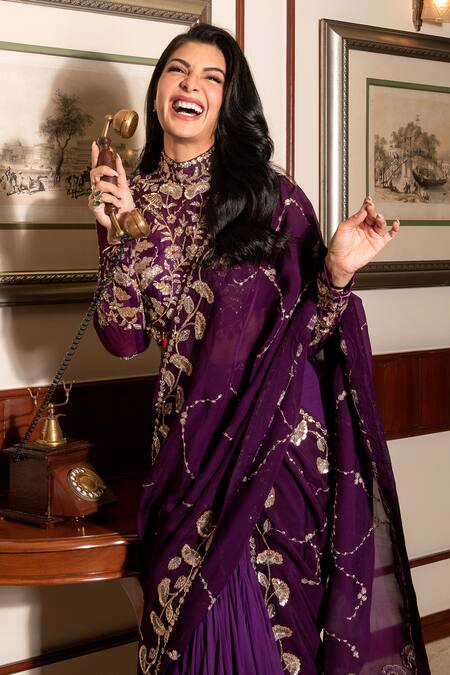 Shop_Mahima Mahajan_Wine Georgette, Organza And Cotton Lycra, Viara Pre-stitched Saree With Blouse_Online_at_Aza_Fashions