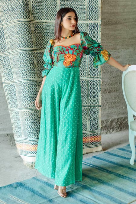 Shop Shachi Sood Green Dupion , Chanderi Sequins And Pearls Embroidered Jumpsuit at Aza Fashions Shop_Shachi Sood_Green Dupion , Chanderi Sequins And Pearls Embroidered Jumpsuit _at_Aza_Fashions