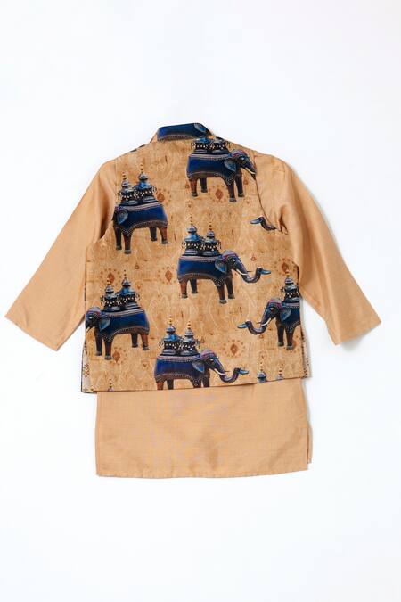 Shruti Jalan Beige Cotton, Crepe, Silk Printed Elephant Bundi And Kurta Set Online at Aza Fashions Shruti Jalan_Beige Cotton, Crepe, Silk Printed Elephant Bundi And Kurta Set _Online_at_Aza_Fashions