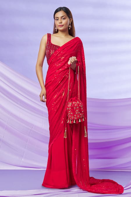 Buy Cherry Red Georgette Saree online-Karagiri