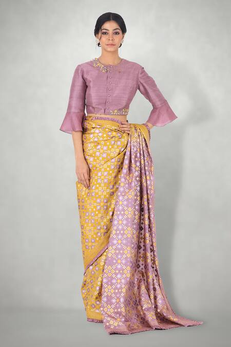 Buy I Am Design Yellow Silk Ikkat Round Embroidered Blouse With Print Saree Online at Aza Fashions Buy_I Am Design_Yellow Silk Ikkat Round Embroidered Blouse With Print Saree _Online_at_Aza_Fashions