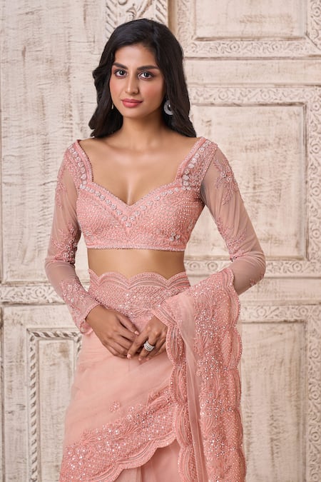 Buy Aariyana Couture Peach Modal, Net, Satin Pearls, Cut Scallop Embroidered Border Saree With Blouse Buy_Aariyana Couture_Peach Modal, Net, Satin Pearls, Cut Scallop Embroidered Border Saree With Blouse