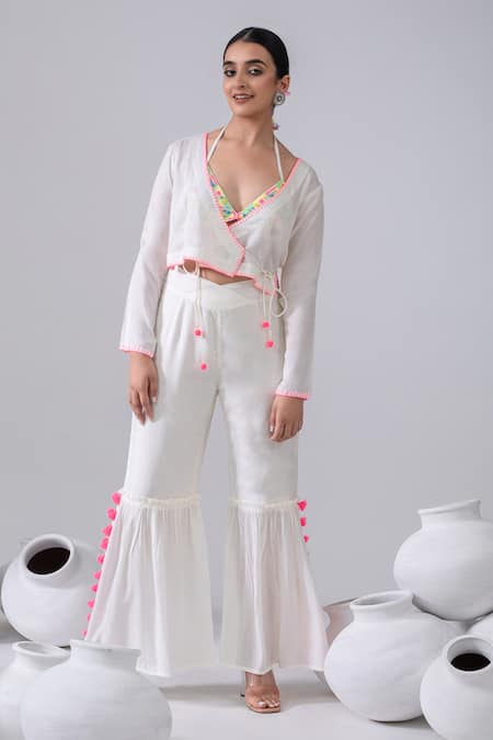 Kacha Tanka Ivory Cotton Voile Thread Short Jacket And Sharara Pant Set 