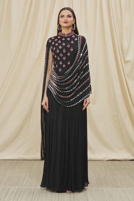 Two Sisters By Gyans_Black Chiffon Mirror, Bead And Cut Dana Work High Striped Embroidered Draped Gown _Online_at_Aza_Fashions