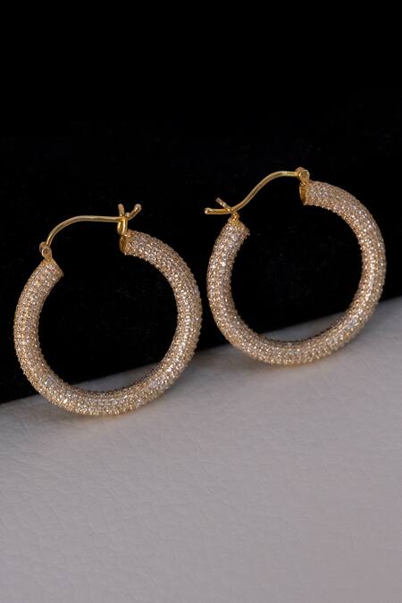 Shop Anushka Jain Jewellery Gold Plated Stones Pave Embellished Hoops at Aza Fashions Shop_Anushka Jain Jewellery_Gold Plated Stones Pave Embellished Hoops_at_Aza_Fashions