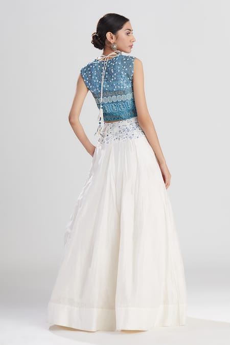 Shop Megha Bansal Blue Chanderi And Organza Cutdana, Thread & Zainaab Short Lehenga Set at Aza Fashions Shop_Megha Bansal_Blue Chanderi And Organza Cutdana, Thread & Zainaab Short Lehenga Set_at_Aza_Fashions